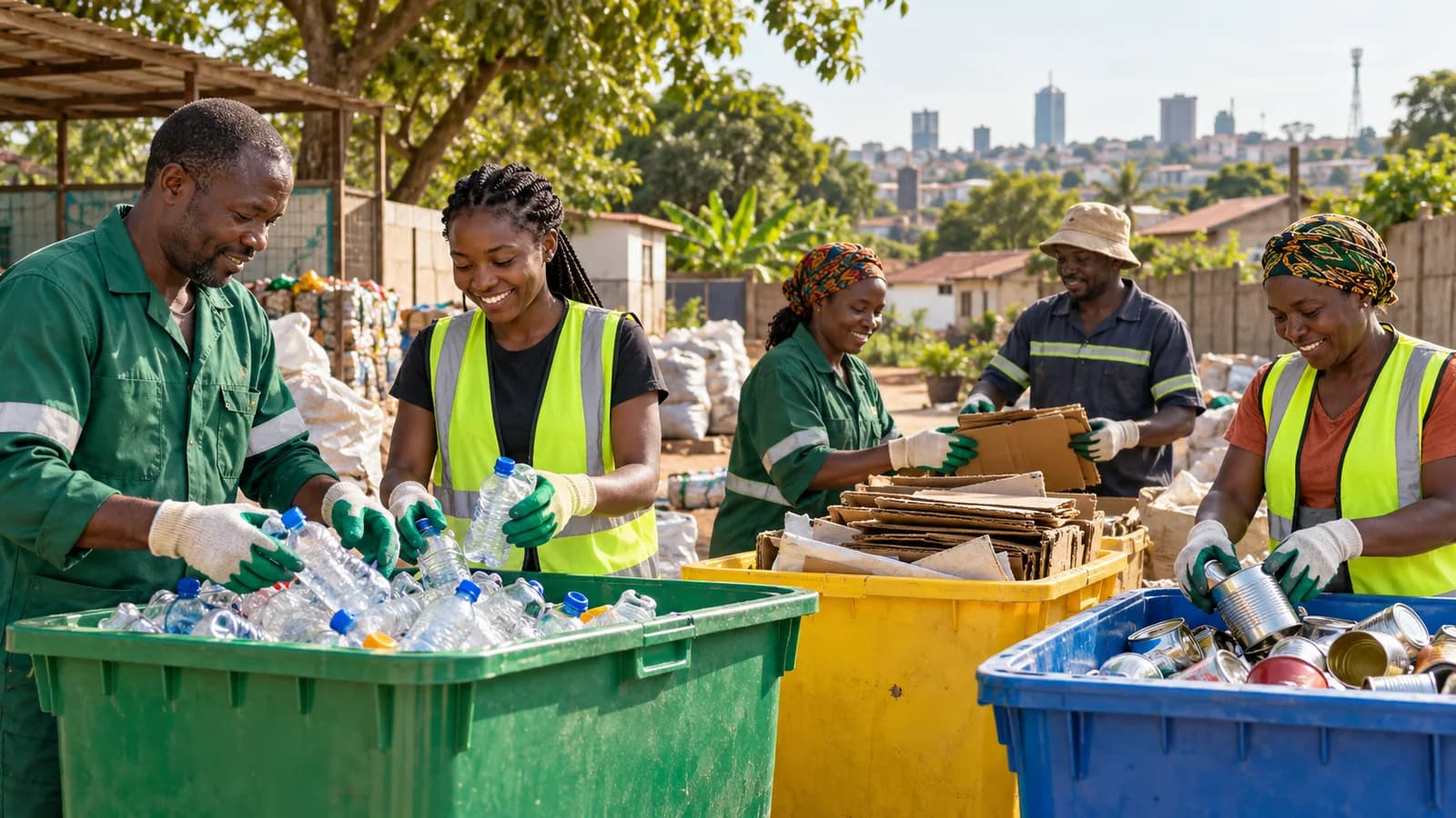 Community recycling workers sorting plastic bottles, cardboard and metal into separate containers