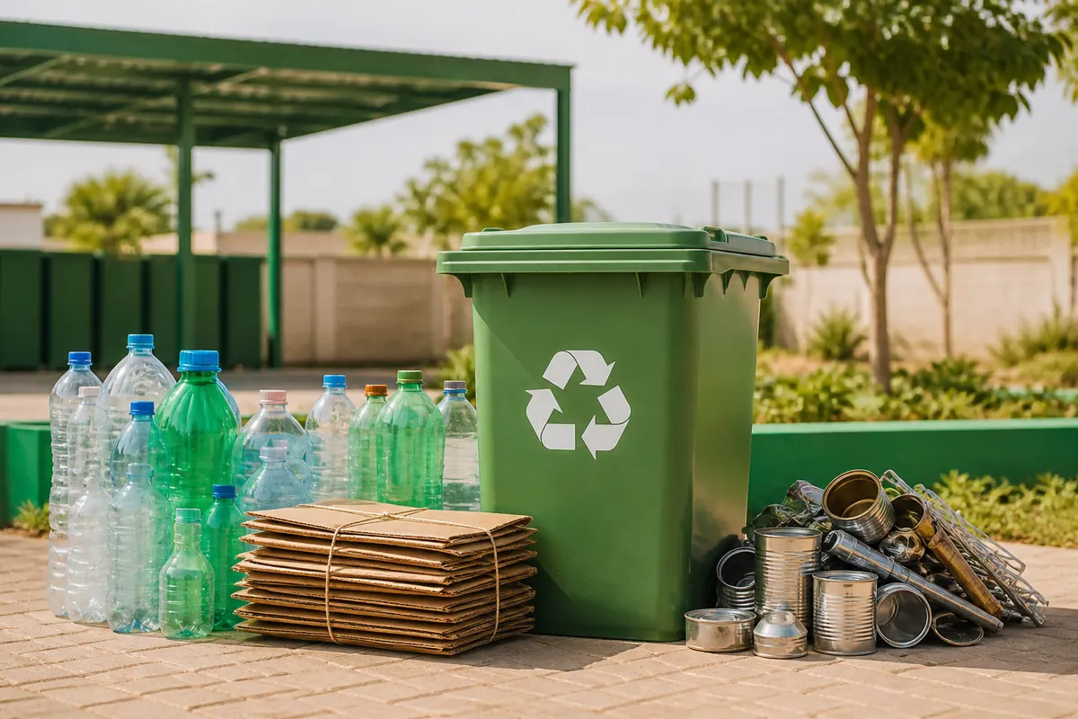 Sorted plastic bottles, cardboard and metal beside a green recycling bin